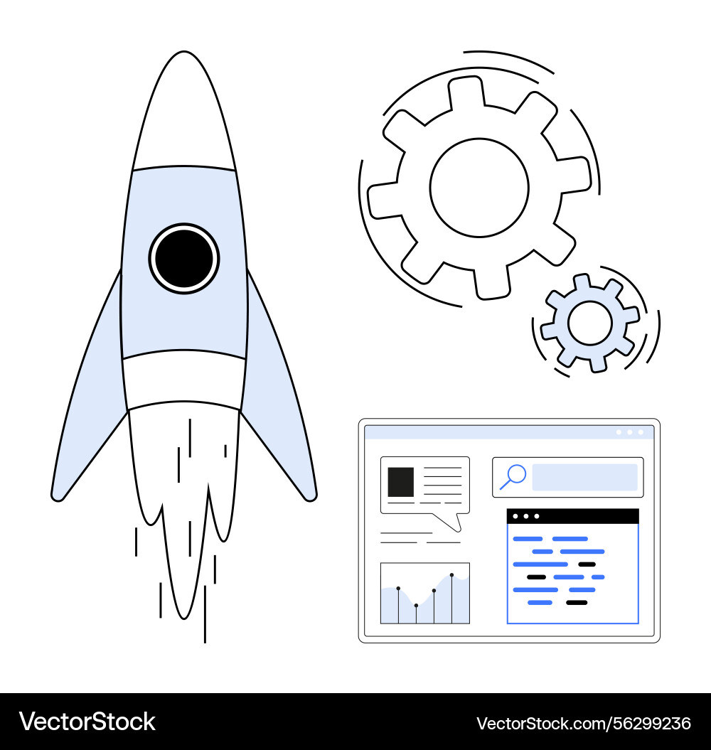 Rocket launch gears and a webpage representing Rocket launch gears and a webpage representing vector image
