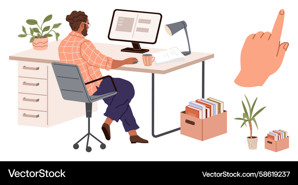 Man working at desk with computer and books Vector Image
