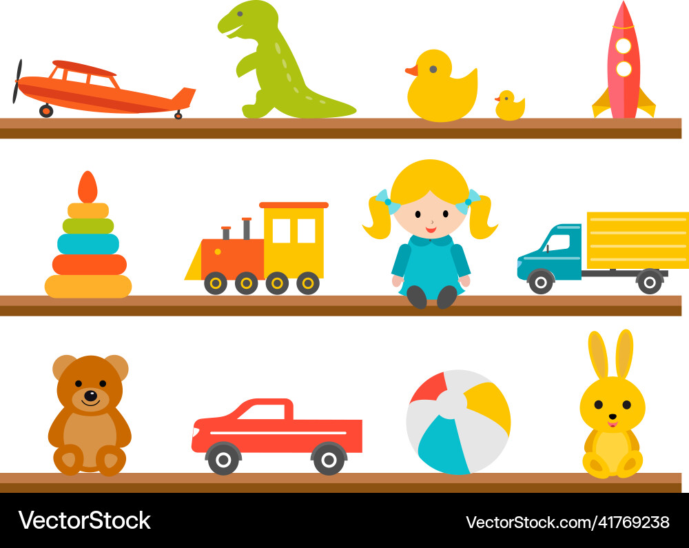 Children toys on wooden shelves icons set vector image