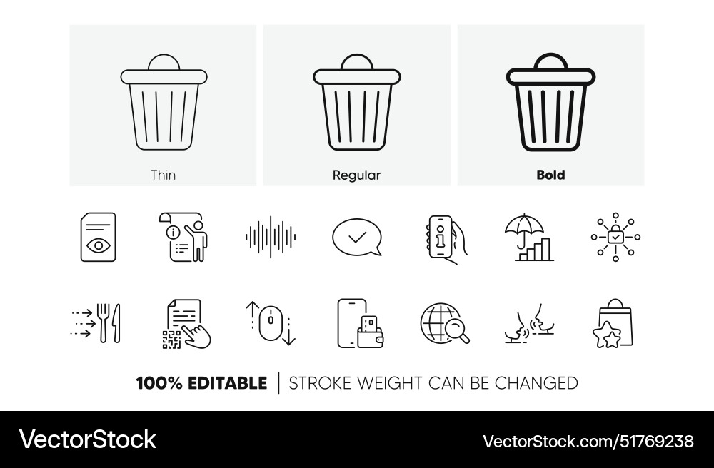 Talk trash bin and qr code line icons for web vector image