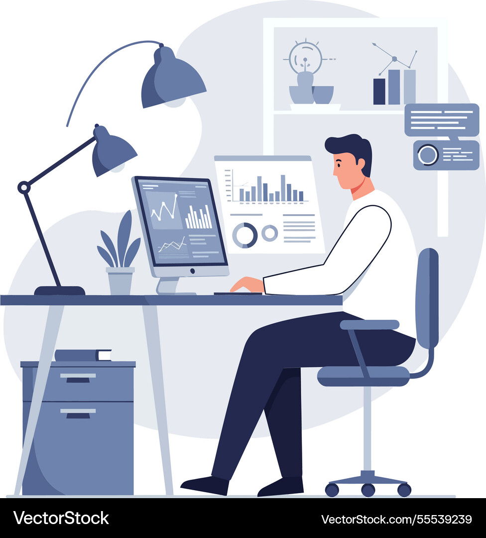 Professional man working at a desk with computer Professional man working at a desk with computer Vector Image