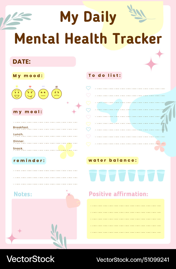 Daily planner mental health tracker Royalty Free Vector for Free Printable Mental Health Planner
