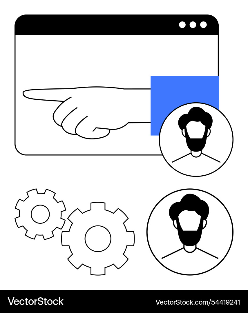 Hand pointing on web v09page with user profiles Hand pointing on web v09page with user profiles Vector Image
