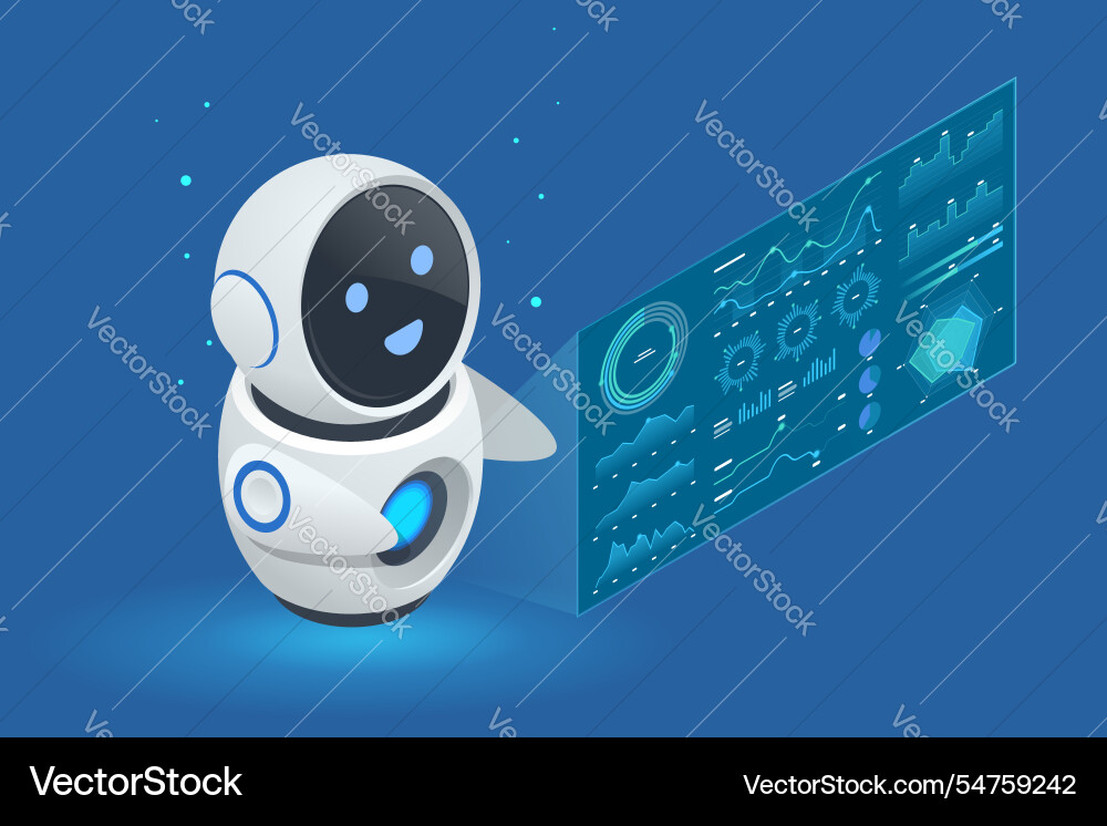 Isometric ai robot interacting with digital Isometric ai robot interacting with digital vector image