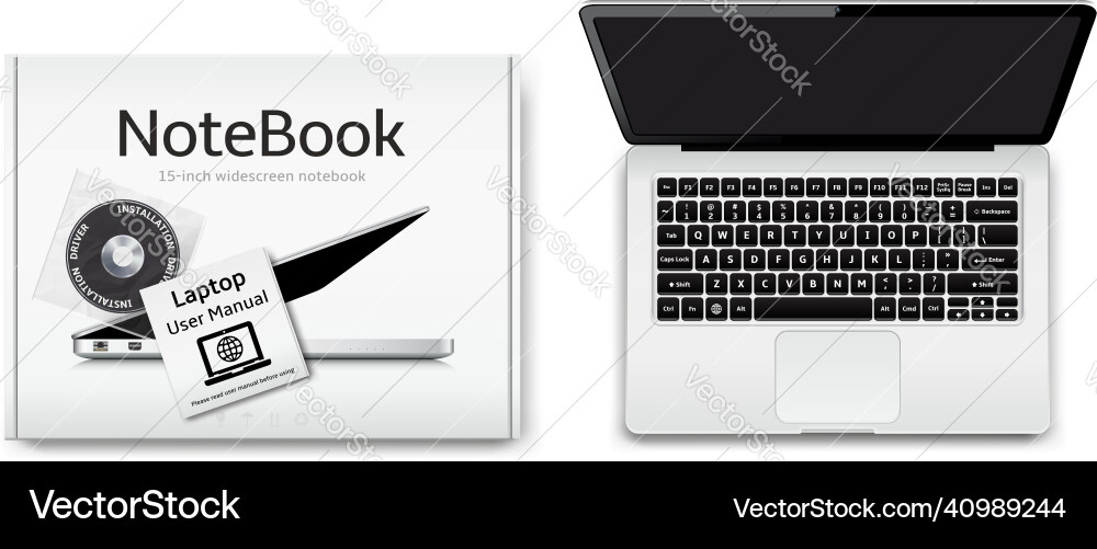 New notebook computer and box with installation New notebook computer and box with installation Vector Image