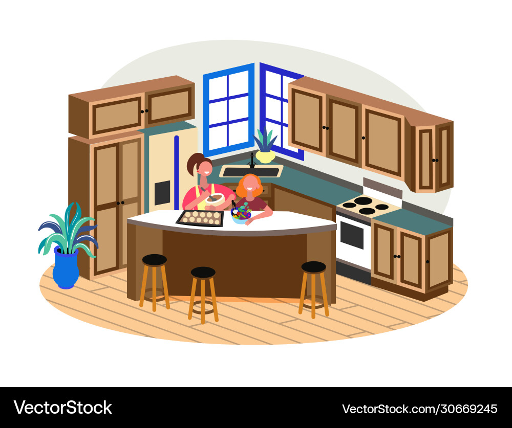 Junge Frau Kochen mit kleine Tochter zu Hause Junge Frau Kochen mit kleine Tochter zu Hause vektorbild