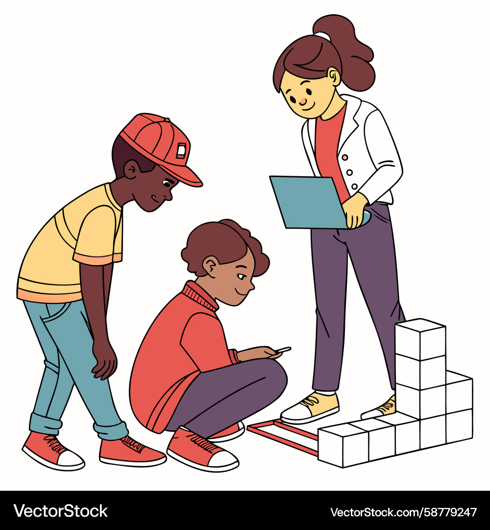 Children Building with Blocks and Tech Vector Image