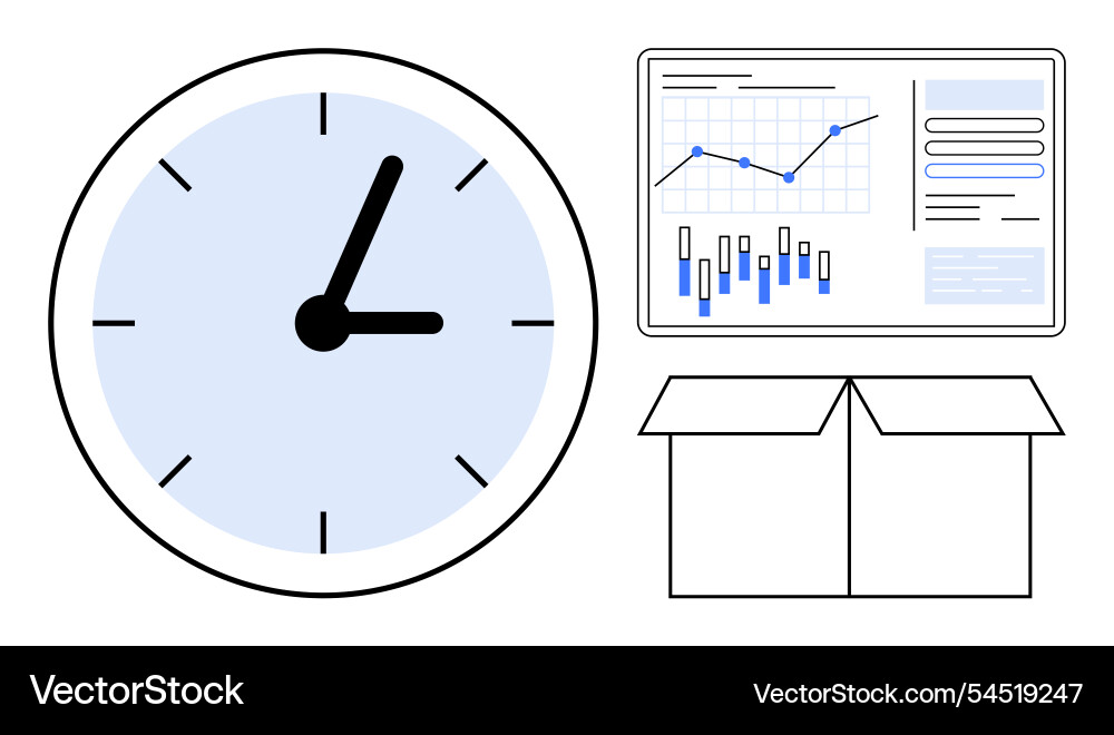 Clock data chart and open box representing time Clock data chart and open box representing time vector image