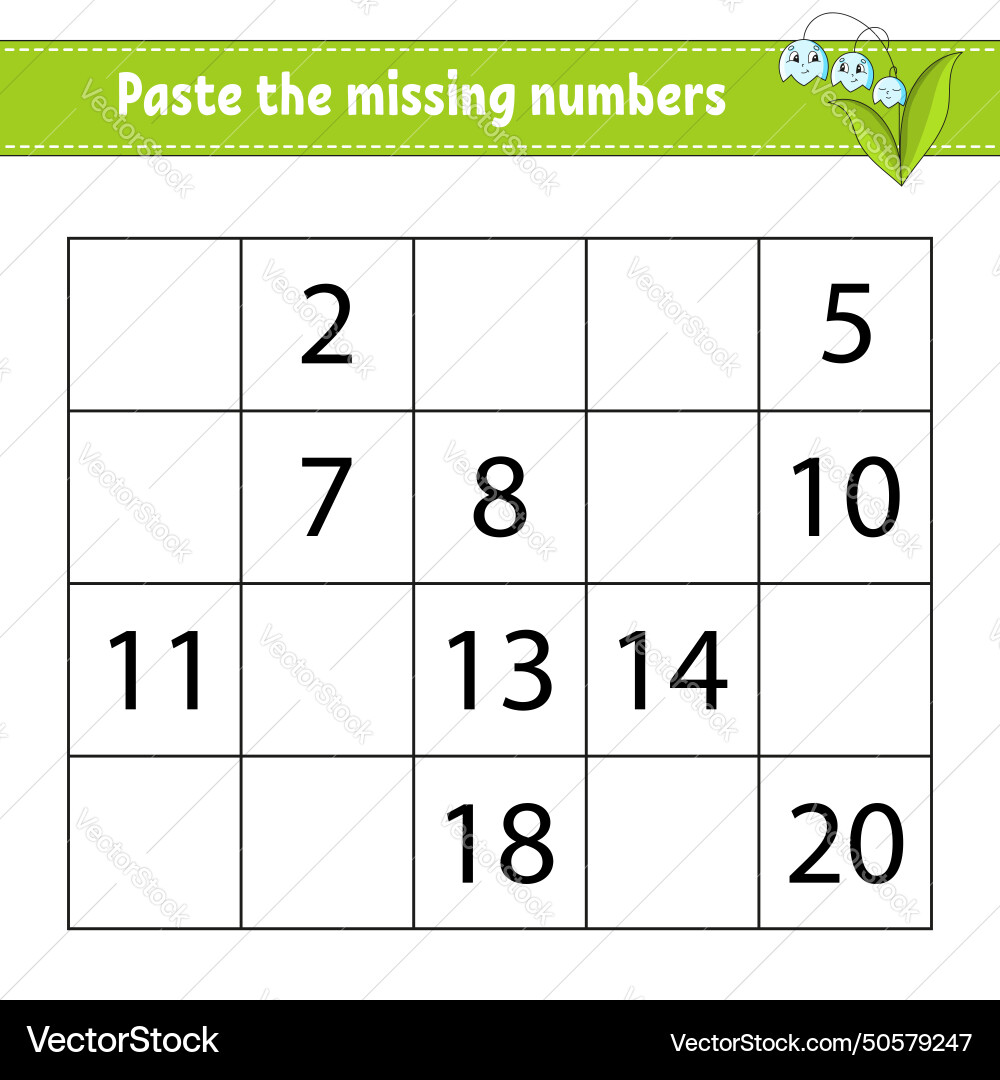 Paste the missing numbers 1-20 game for children Vector Image