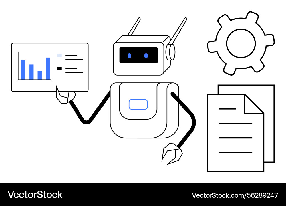 Robot analyzing data with a chart and documents Robot analyzing data with a chart and documents vector image