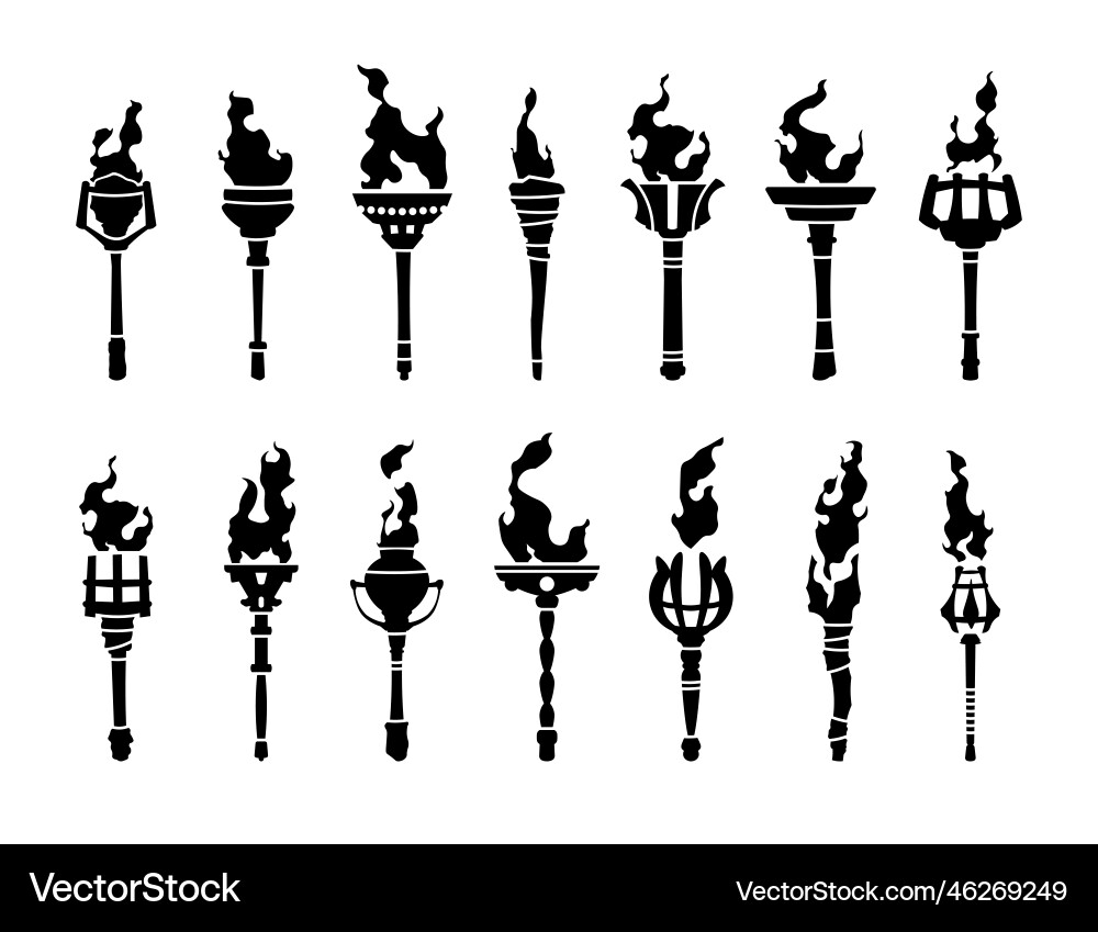 Black torch icons medieval burning fire blaze Black torch icons medieval burning fire blaze vector image