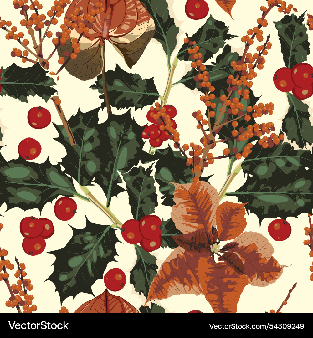 Rustic seamless pattern with trees ilex berry Rustic seamless pattern with trees ilex berry vector image