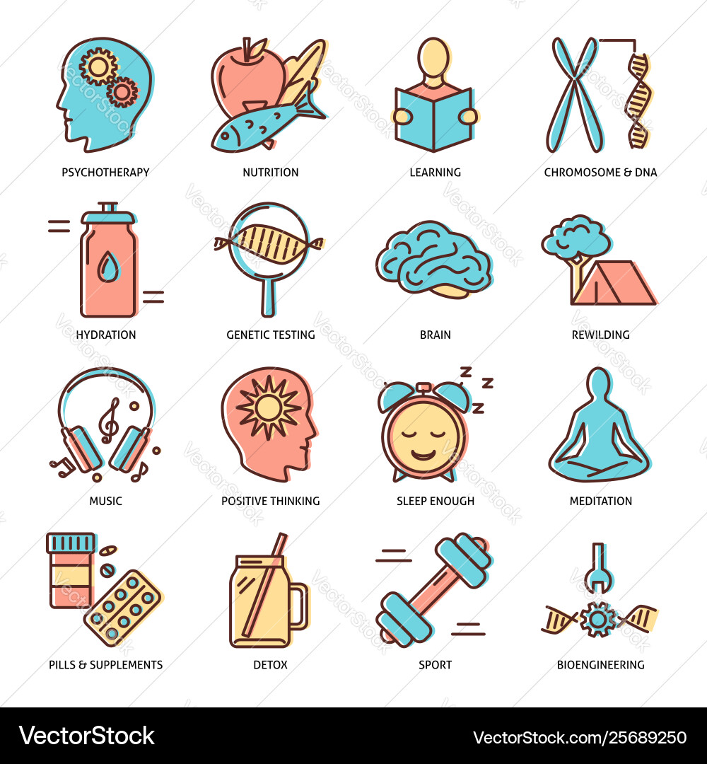 Biohacking icons set in colored line style Biohacking icons set in colored line style vector image