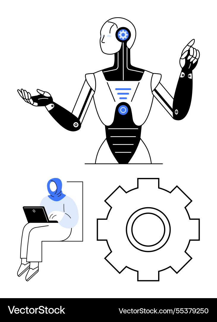 Humanoid robot gesturing with person working Humanoid robot gesturing with person working vector image