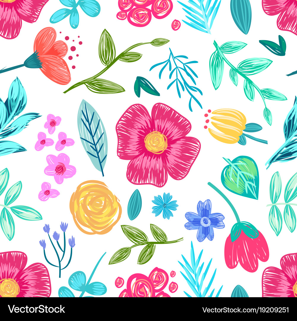 Floral Pencil Drawing Seamless Pattern Vector Image