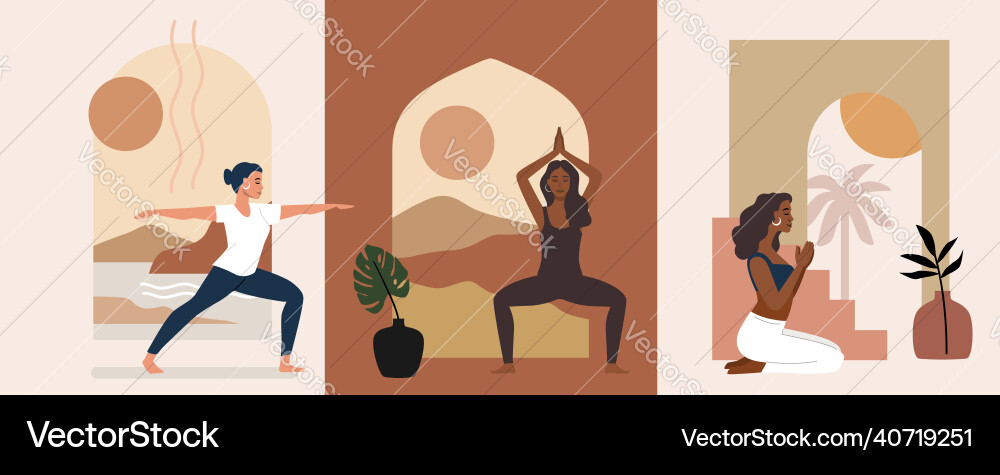 Interieur mit Bogen und Frau in Yoga Pose Interieur mit Bogen und Frau in Yoga Pose vektorbild