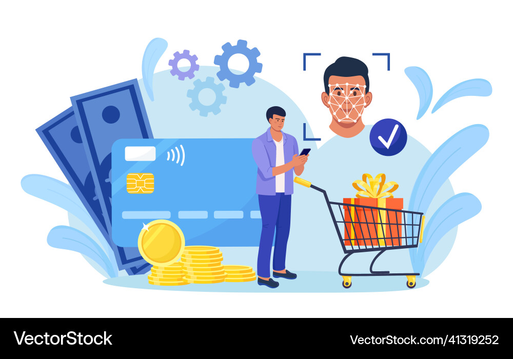 Man using face recognition technology for payment vector image