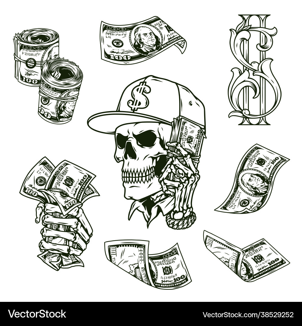 Monochrome Money Skull & Dollar Bills Vector Image
