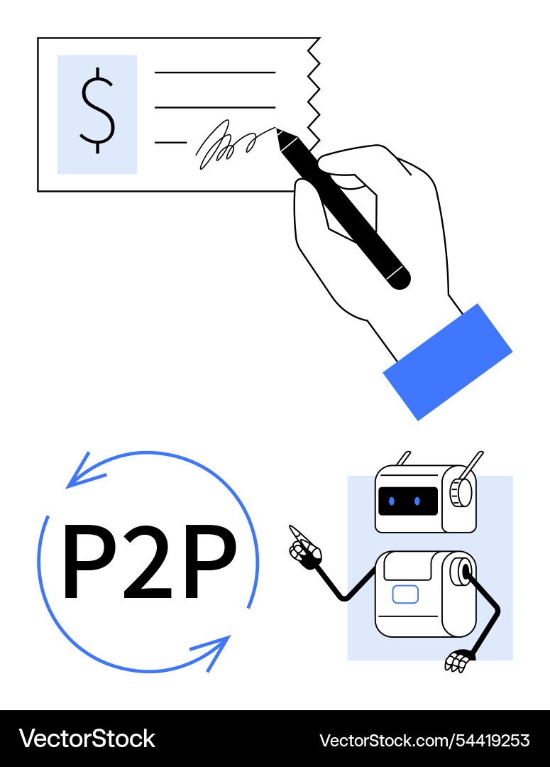 Hand signing check with robot and p2p Hand signing check with robot and p2p vector image