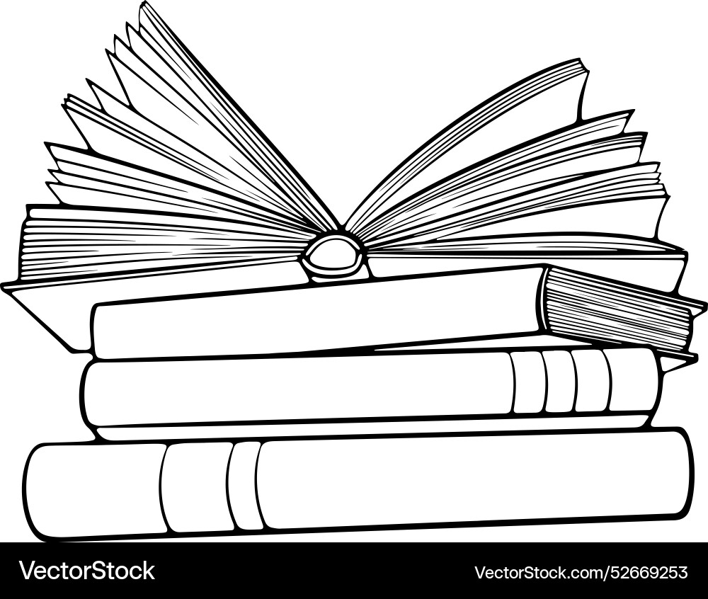 Stack of books with an open book line art Stack of books with an open book line art Vector Image