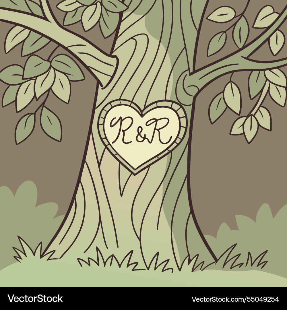 A tree carved with initials inside heart A tree carved with initials inside heart vector image