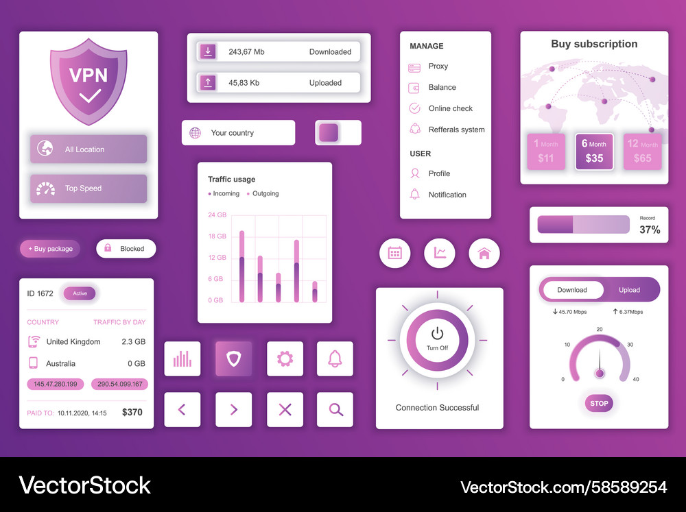 User interface elements set for vpn service Vector Image