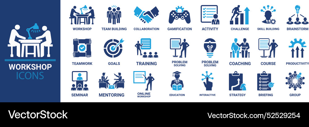 Workshop icon set containing team building colla vector image