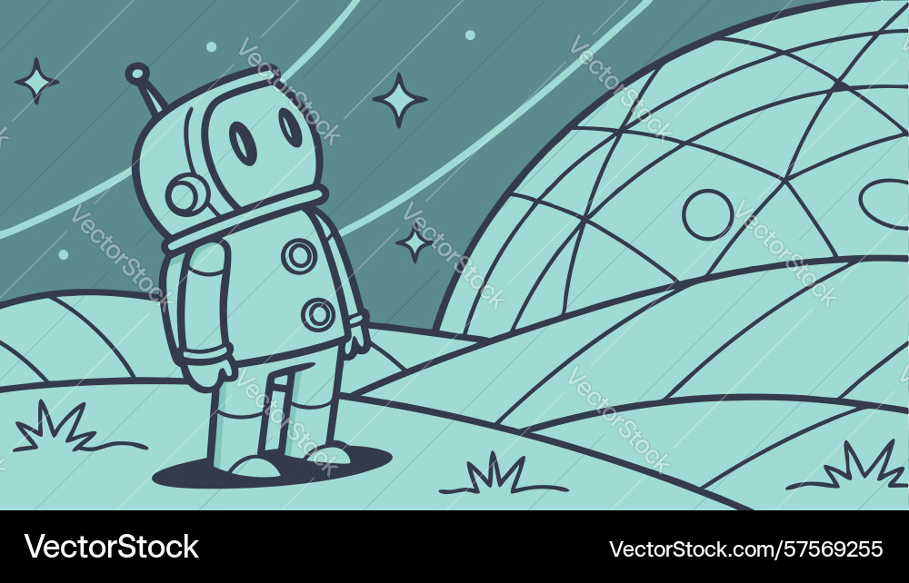 Android robot on hilly alien planet with cosmic vector image