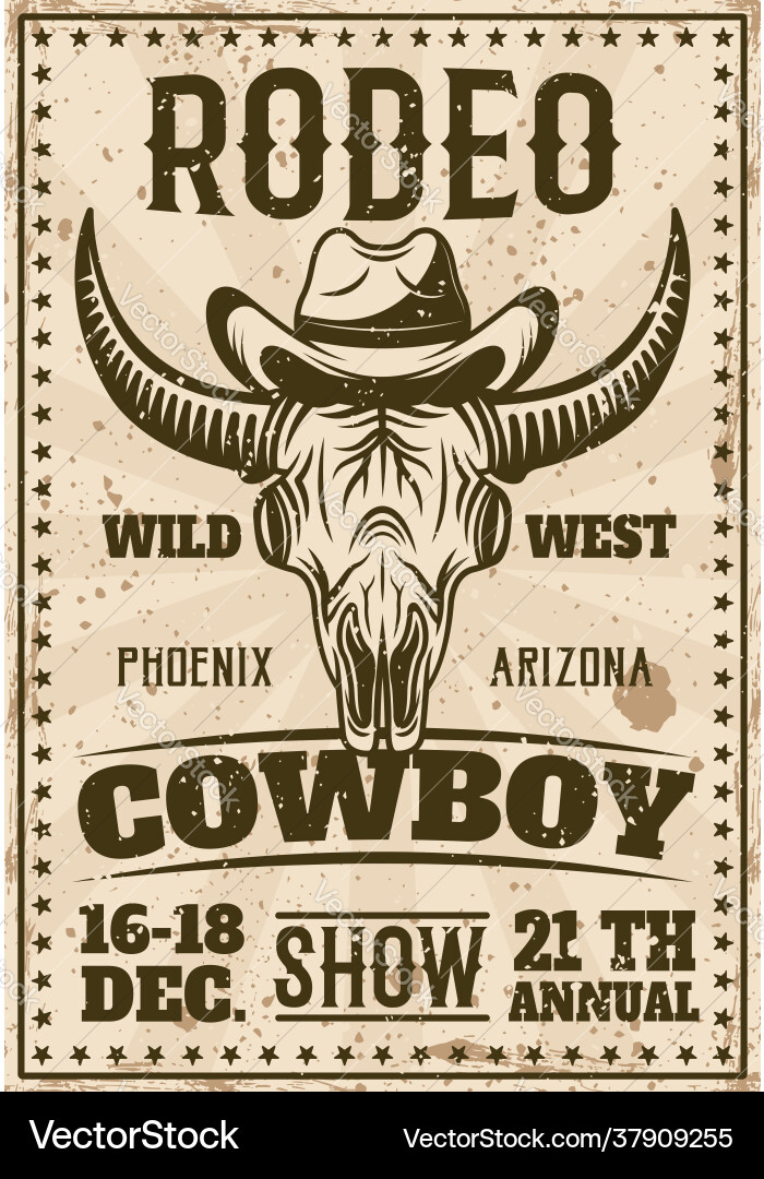 Rodeo show vintage poster with buffalo skull vector image