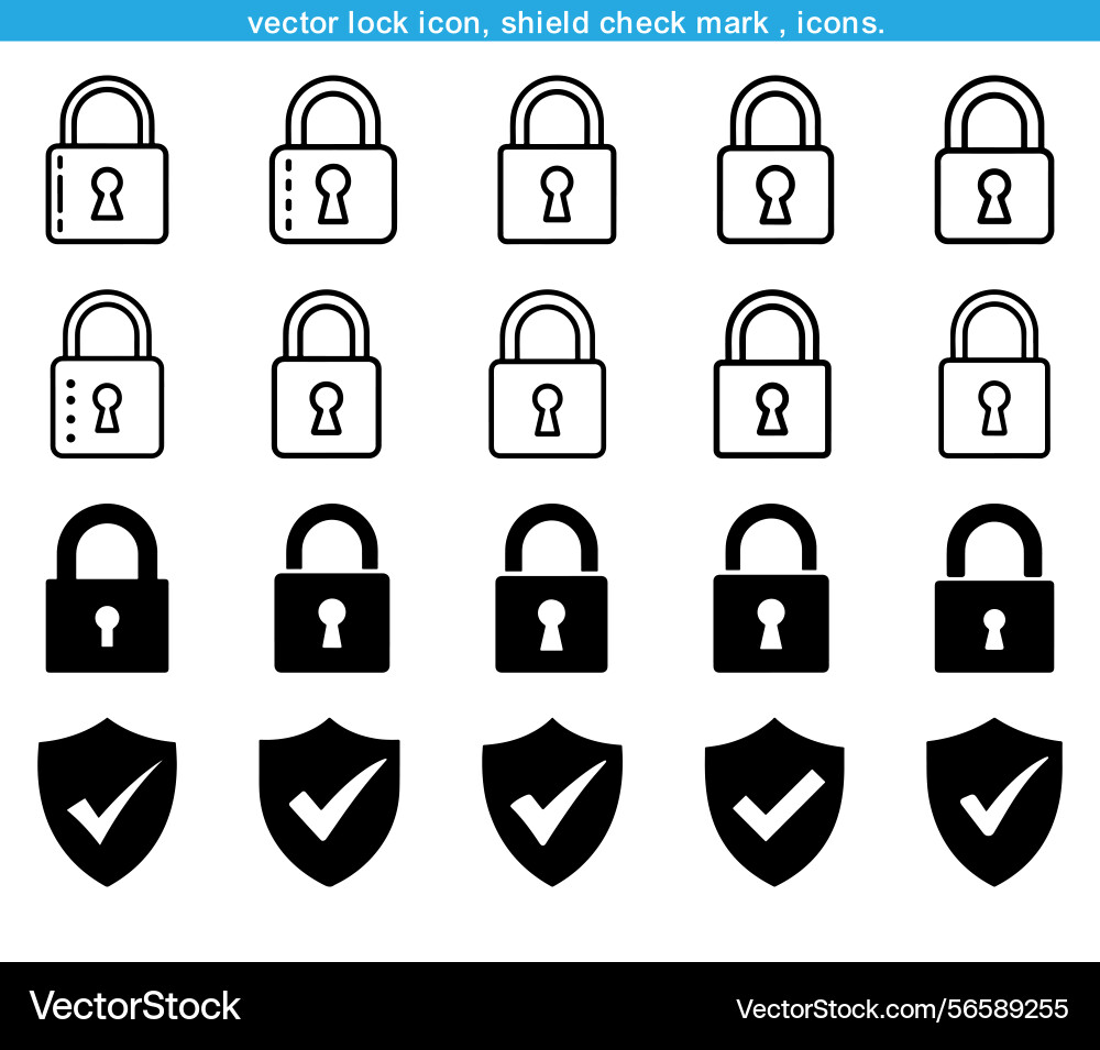 Set of padlock and shield check mark icons Vector Image