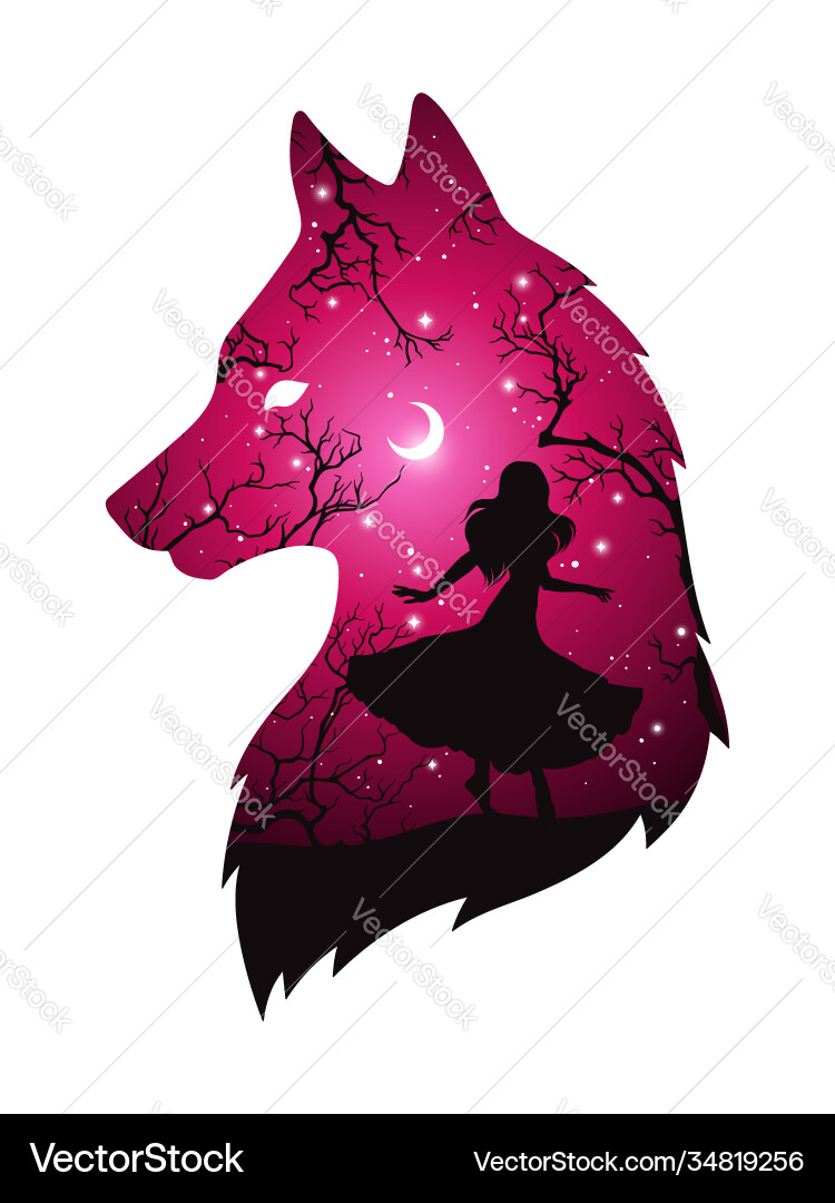 Double exposure silhouette woman with wolf Double exposure silhouette woman with wolf vector image