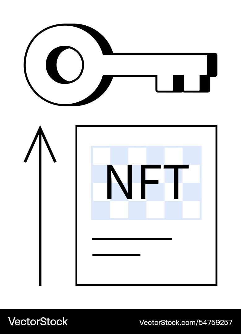 Digital key unlocking an nft document with upward Digital key unlocking an nft document with upward vector image