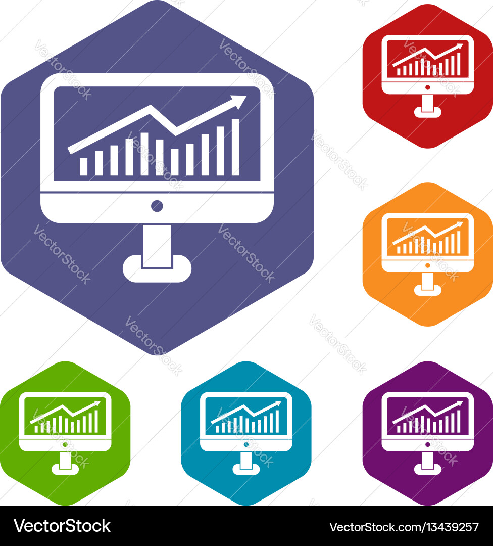 Growth graph on the computer monitor icons set Growth graph on the computer monitor icons set vector image