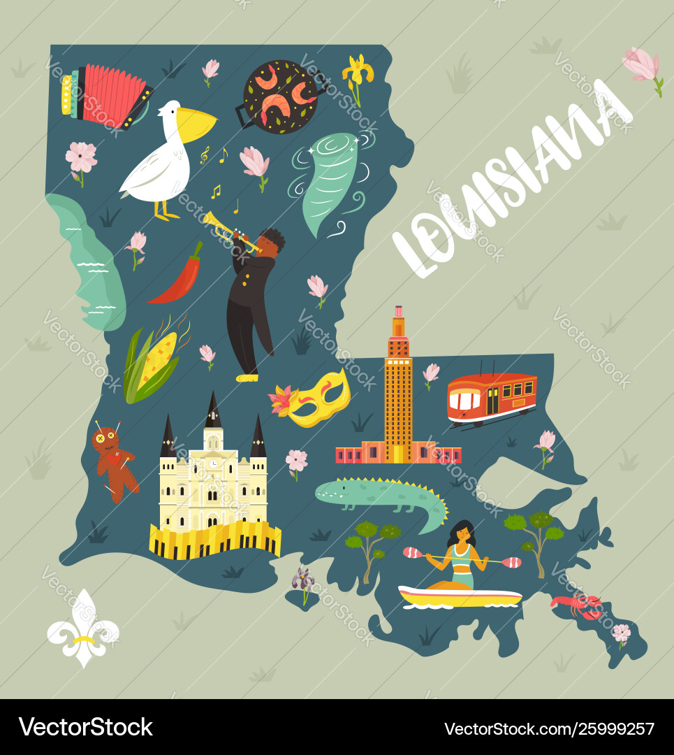 Louisiana cartoon map with landmarks and symbols Louisiana cartoon map with landmarks and symbols vector image