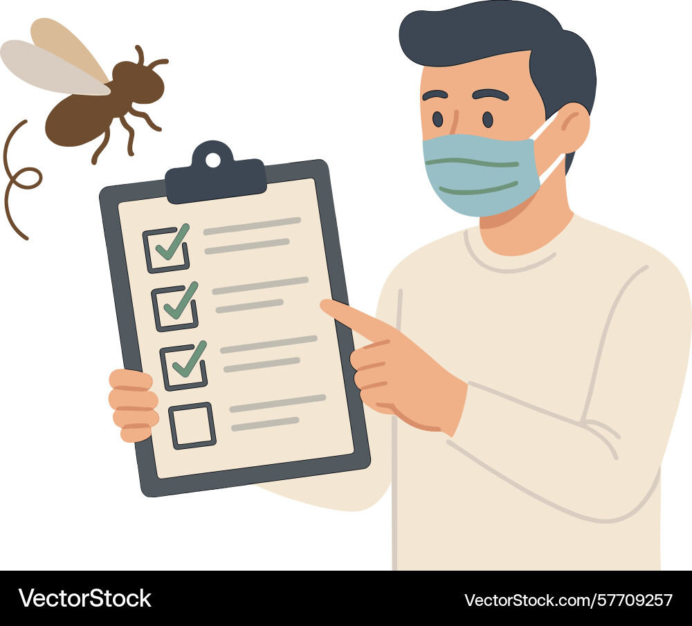 Man in mask shows clipboard with checks and fly Man in mask shows clipboard with checks and fly Vector Image