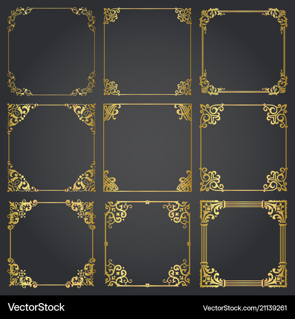 Decorative gold frames and borders square set Vector Image