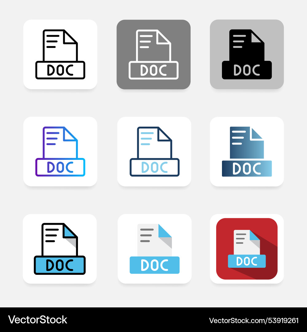 Doc collection of file format icons with modern vector image