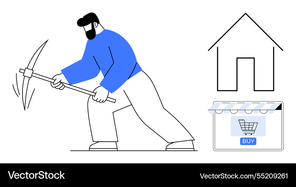 Man mining with pickaxe next to house outline Man mining with pickaxe next to house outline vector image
