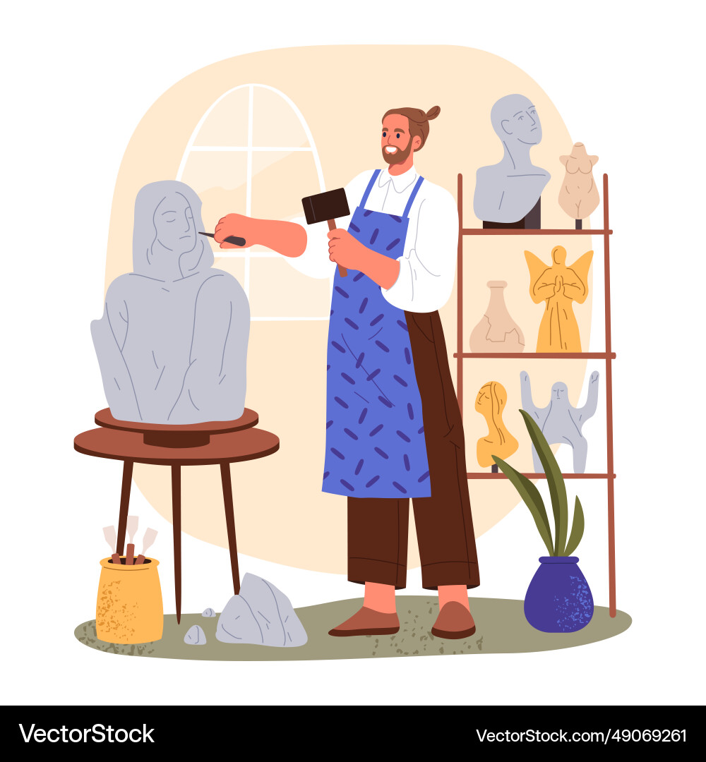 Sculptor crafting statue with chisel Sculptor crafting statue with chisel vector image