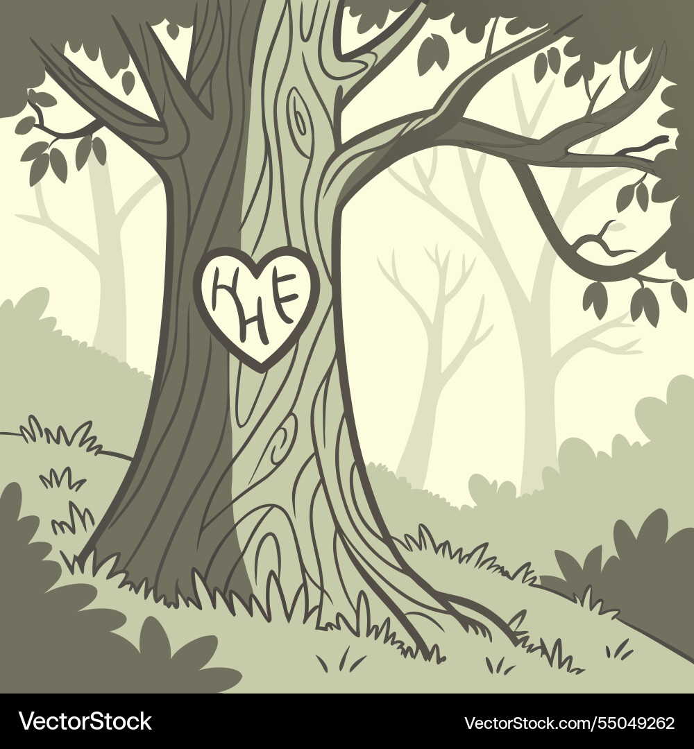 A tree carved with initials inside heart A tree carved with initials inside heart vector image