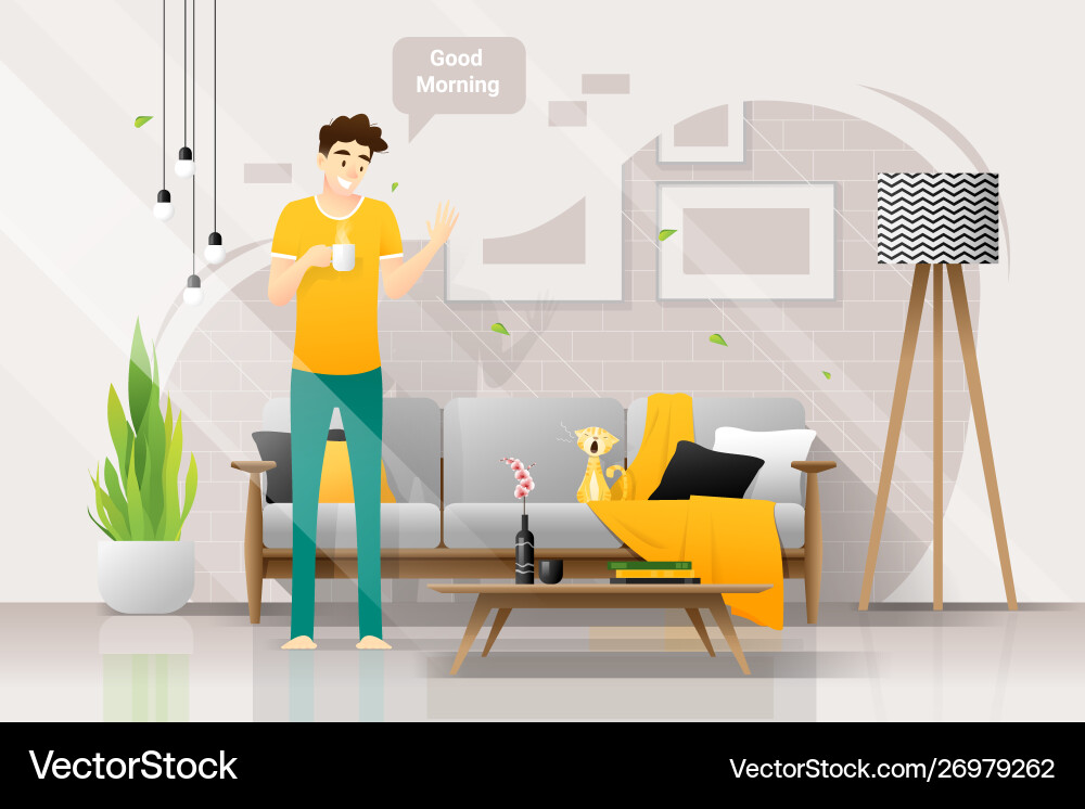 Happy young man and his cat in living room Happy young man and his cat in living room vector image