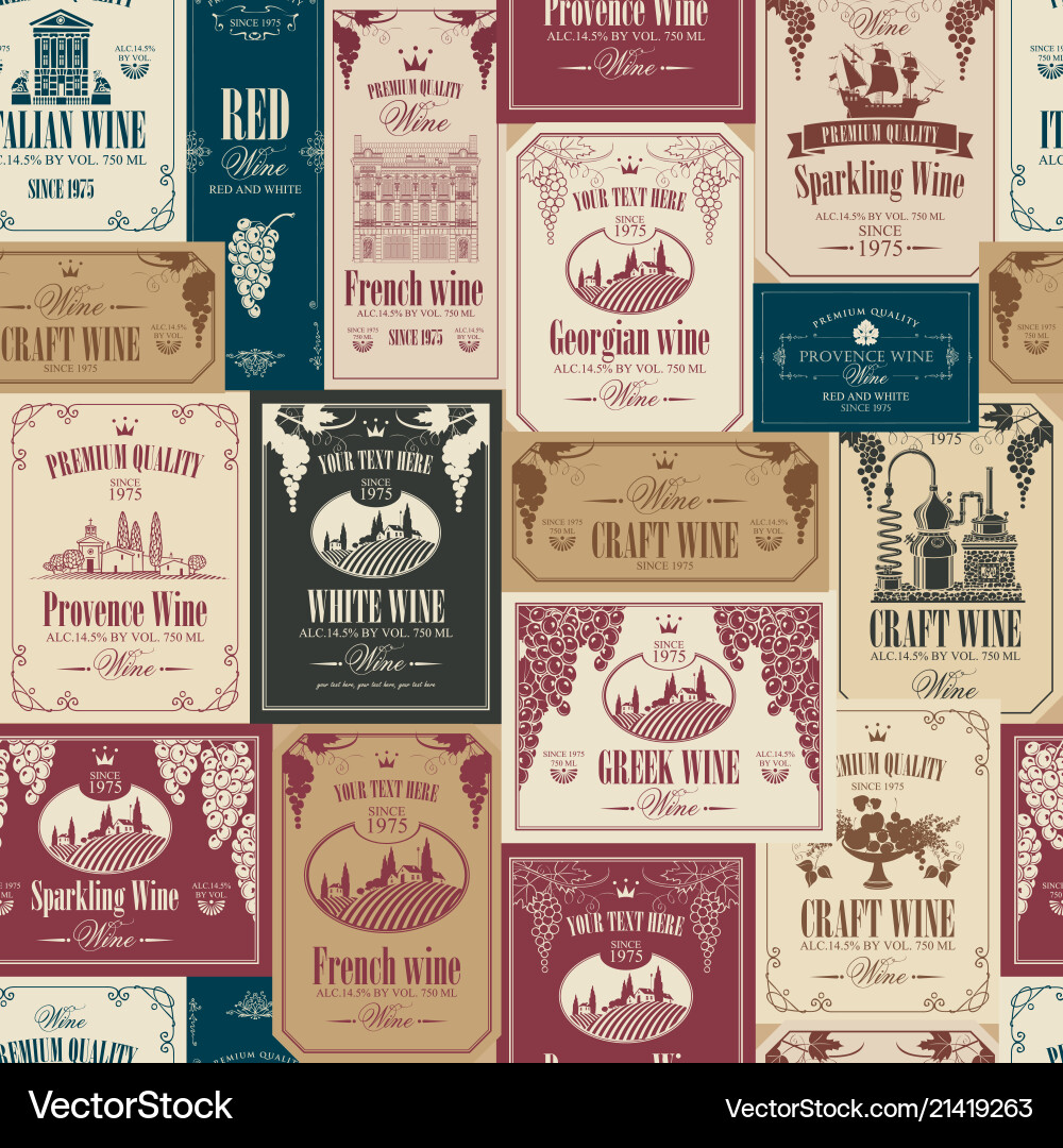 Seamless pattern with various wine labels Seamless pattern with various wine labels vector image