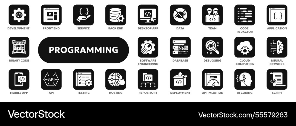 Set of solid icons related to programming Set of solid icons related to programming vector image