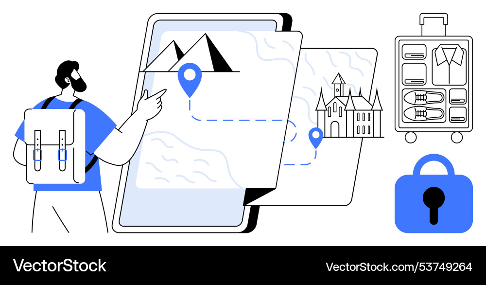 Man with backpack checking travel map Man with backpack checking travel map Vector Image