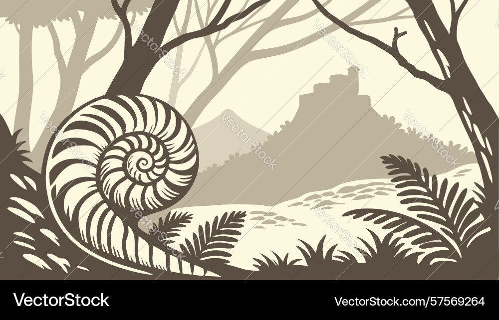 Nautilus shell and spirals in abstract forest vector image