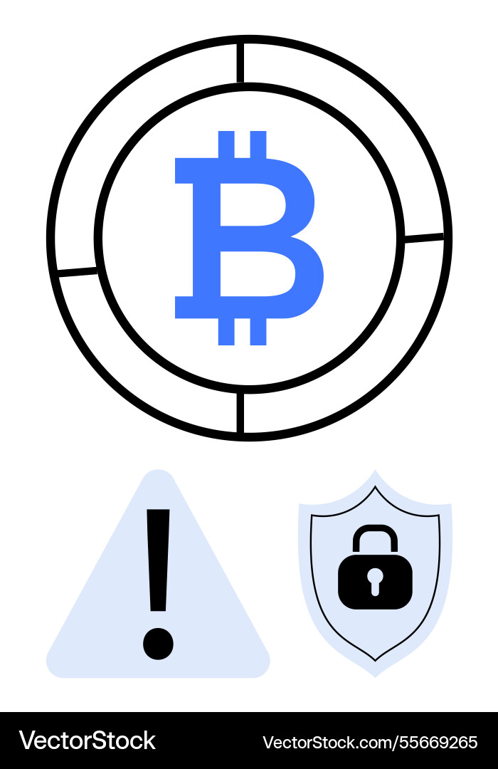 Bitcoin coin with security shield and warning Vector Image
