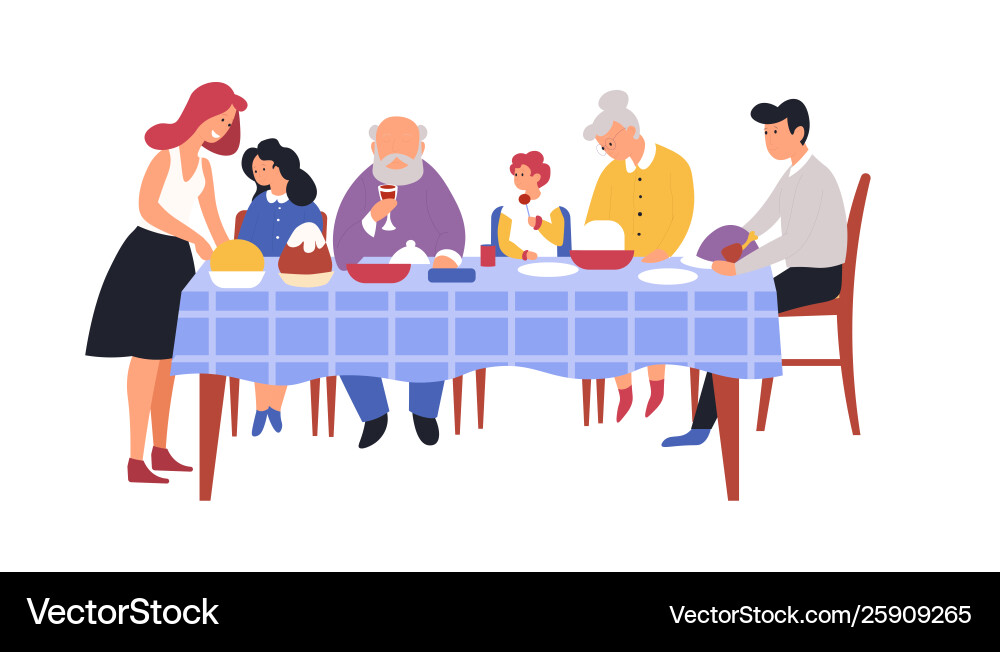 Familienessen Festmahltisch und Gerichte Familienessen Festmahltisch und Gerichte vektorbild