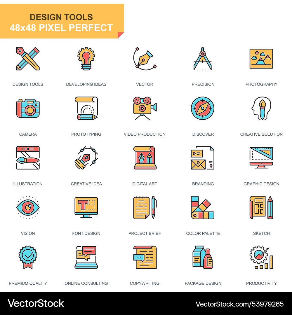 Flat line design tools icons set for website vector image