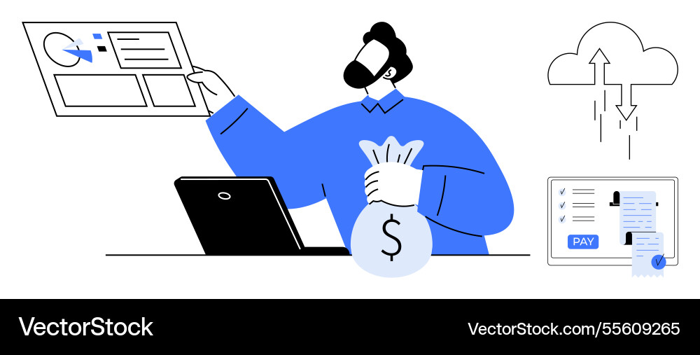 Man managing finances with computer and cloud Man managing finances with computer and cloud Vector Image
