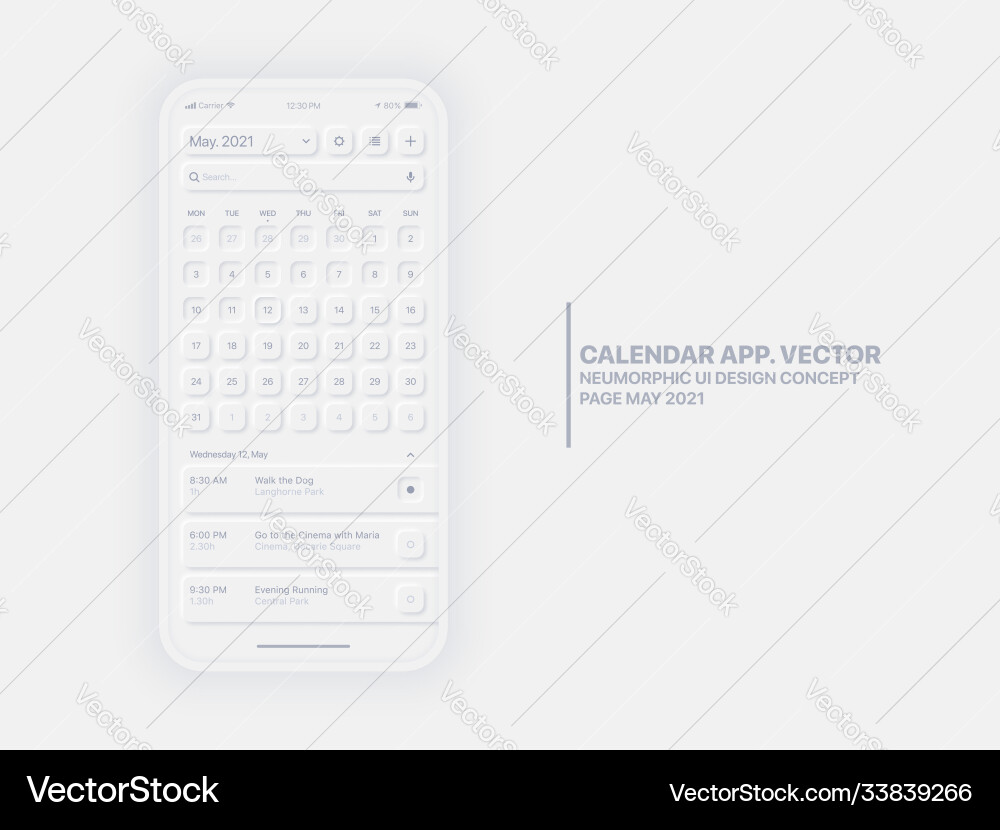 Calendar app may 2021 ui ux neumorphic design Calendar app may 2021 ui ux neumorphic design vector image
